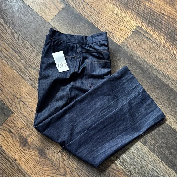Zara Dark Blue Denim Wide-Leg Trouser High Waist Jeans Women’s Size 12 - Picture 5 of 9